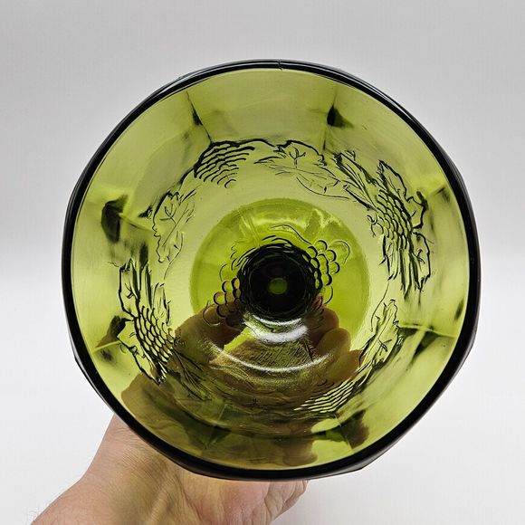 Indiana Glass Green Compote Pedestal Fruit Bowl Harvest Grape Pattern Vintage - Picture 4 of 11
